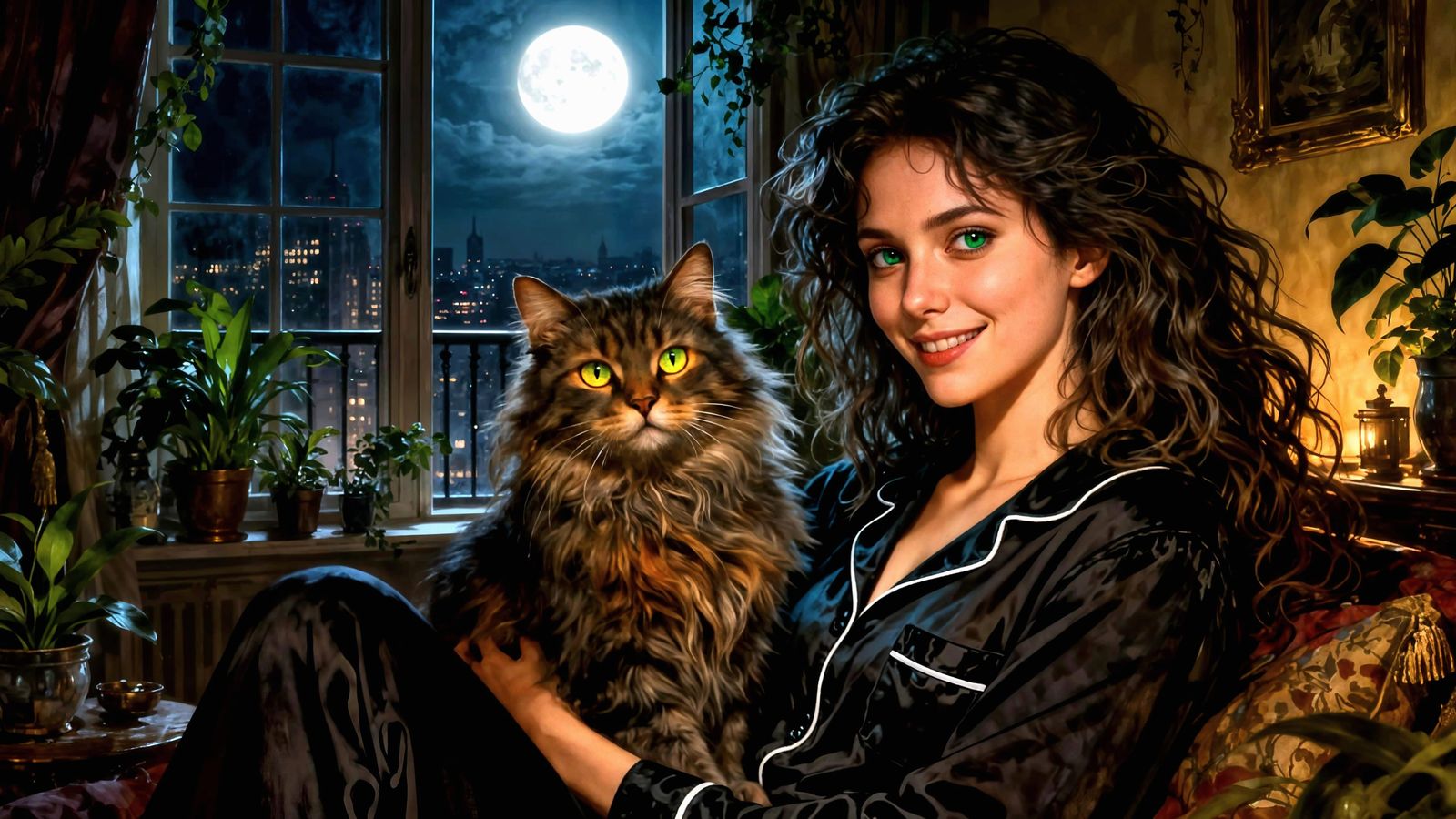 Gothic Woman and Cat Portrait in Cozy Room
