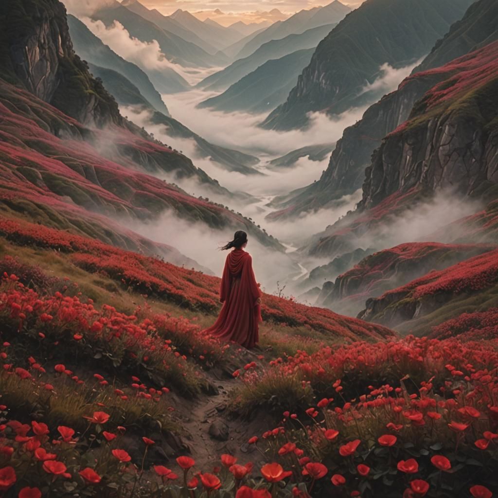 Ethereal Fantasy Valley with Red Flowers