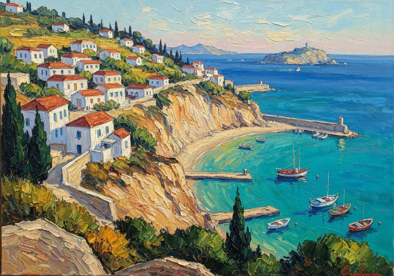 Impressionist Oil Painting of Sun-Drenched Harbor Town