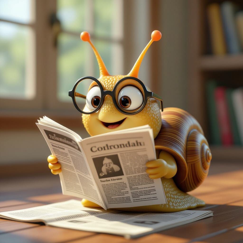 Surprised Snail Reads Newspaper in Pixar Cartoon Style