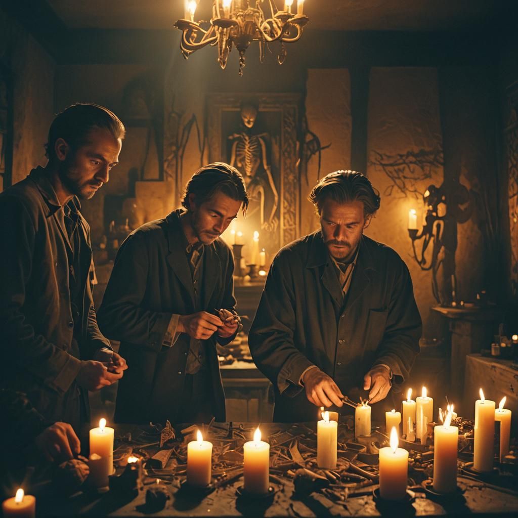 Arachnid Men Making Candles in Mystical Chamber