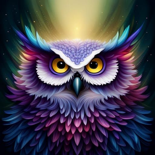 Cute Blue Owl with Fractal Flowers in Pixel Art