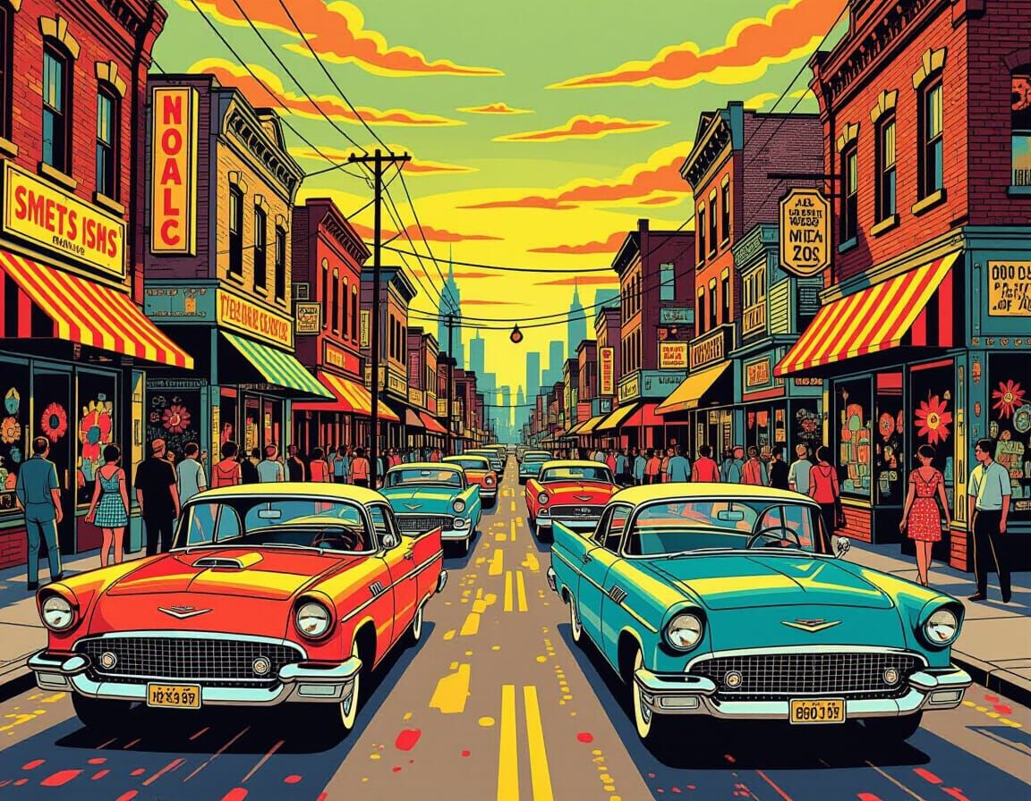 Bustling 1960s Street Scene in Retro Comic Art Style