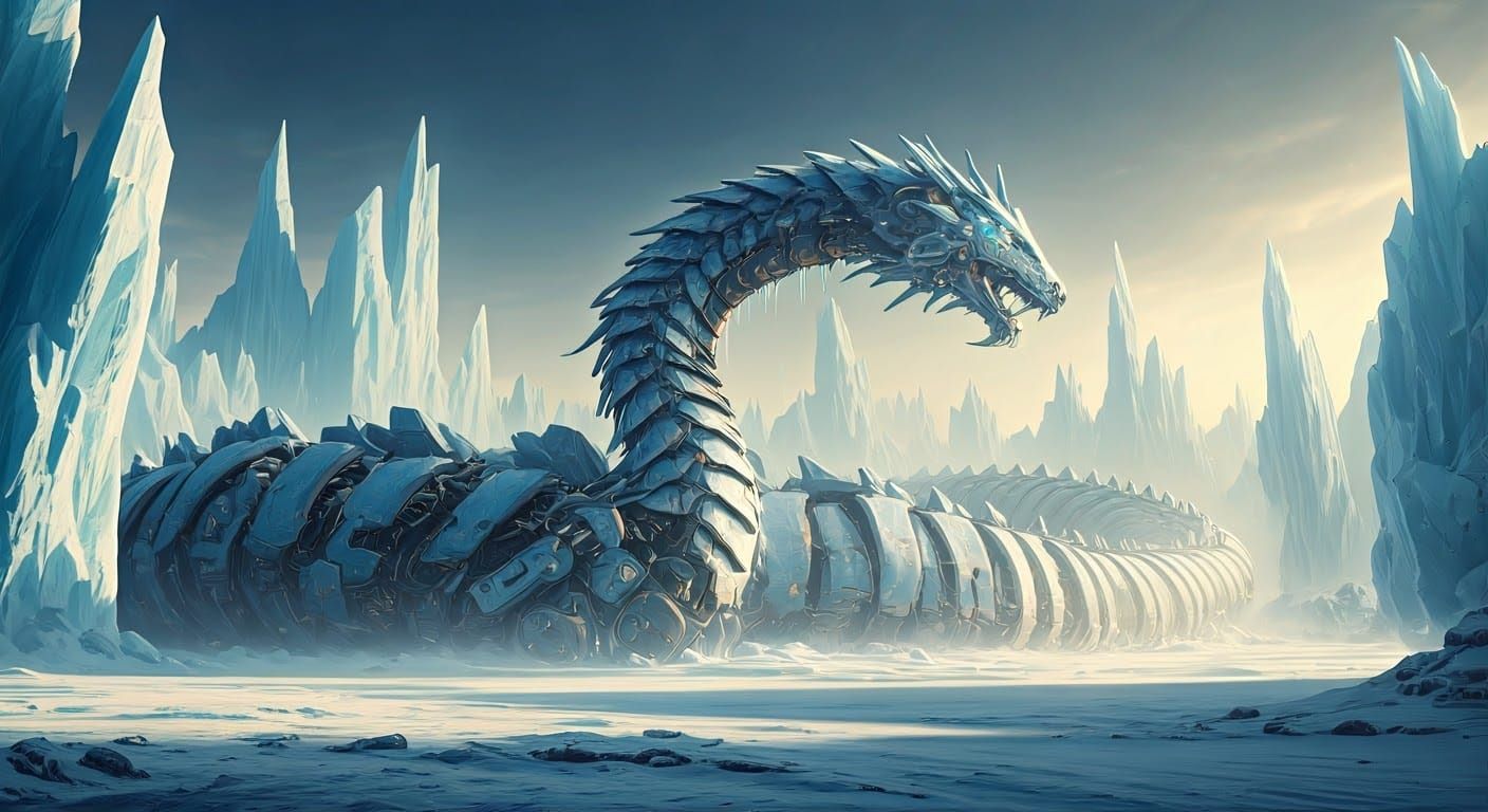 Icy Mecha Serpent in Frozen Wasteland