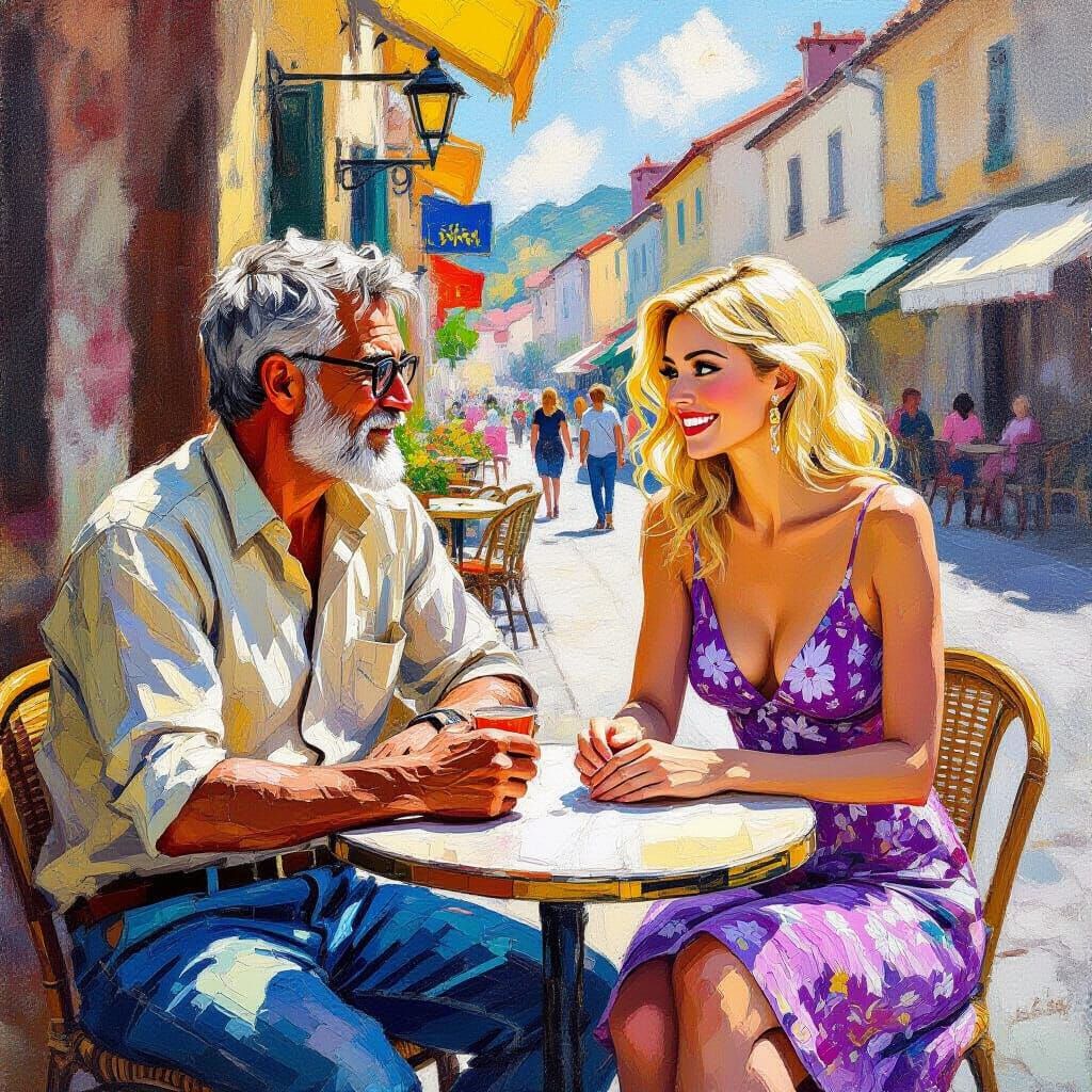 Charming Cafe Scene as Impasto Oil Painting
