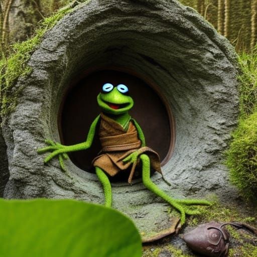Kermit in Hobbit Hole with Cyberpunk Nebulas