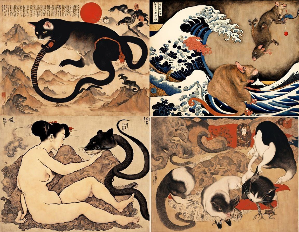 Surreal Japanese Homunculus in a Stormy Landscape with Influ...