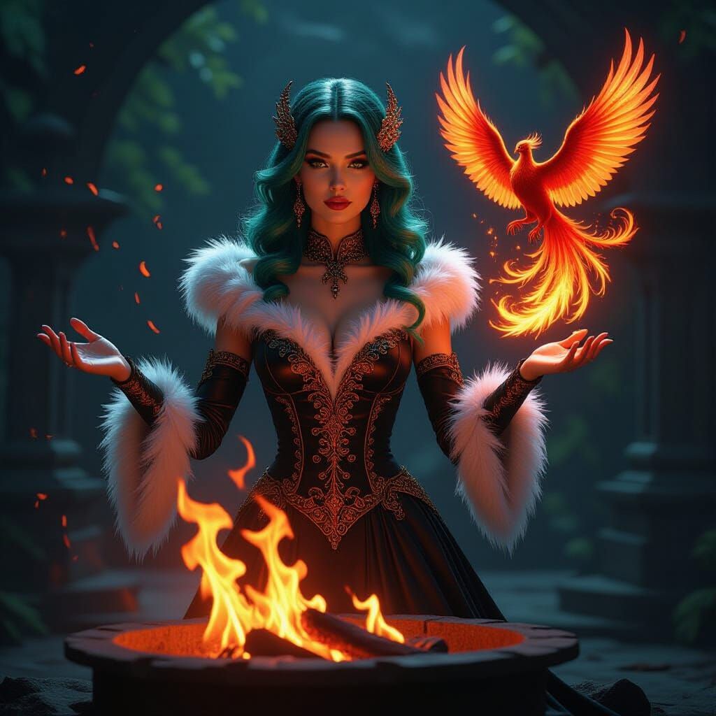 Dark Fantasy Art of Woman Summoning Radiant Phoenix