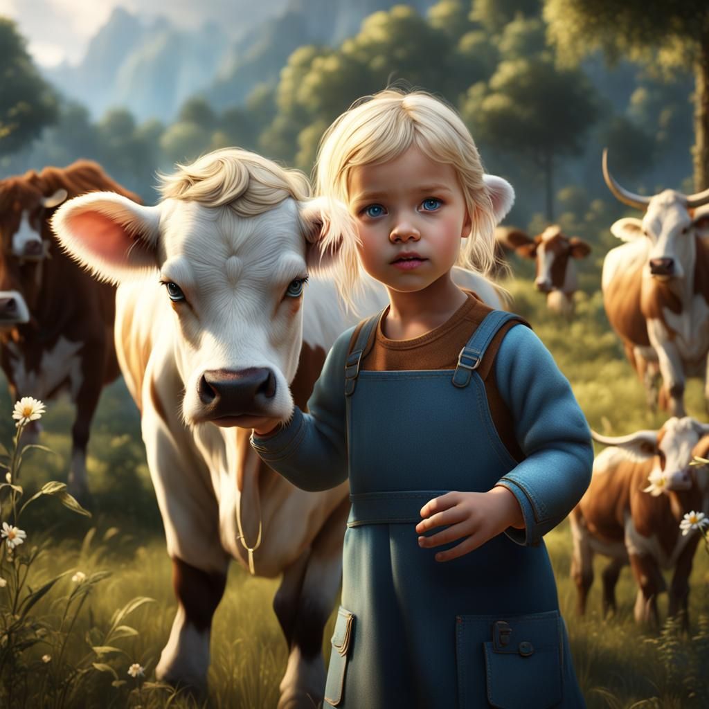Toddler Girl Playing with Cow: Detailed Matte Painting