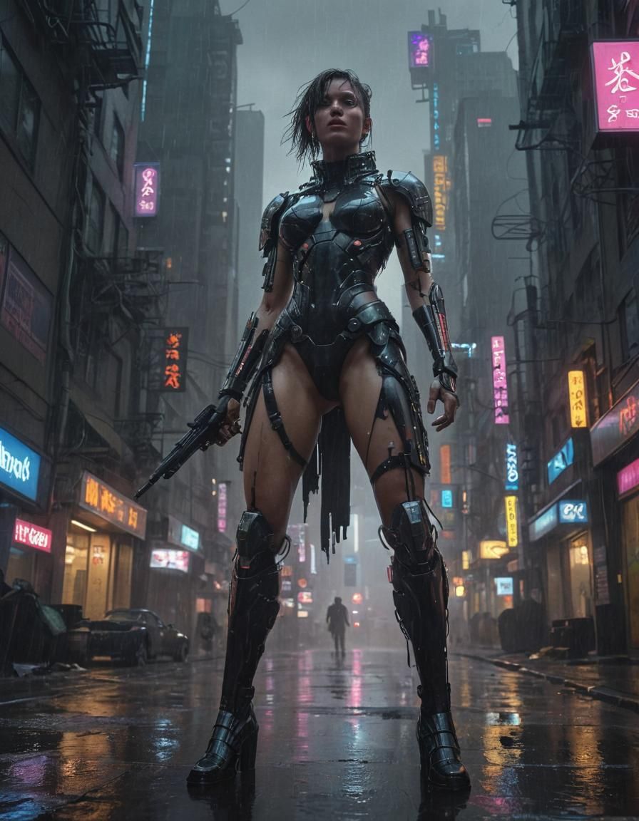 Cyberpunk Cityscape with Solitary Cyborg Warrior