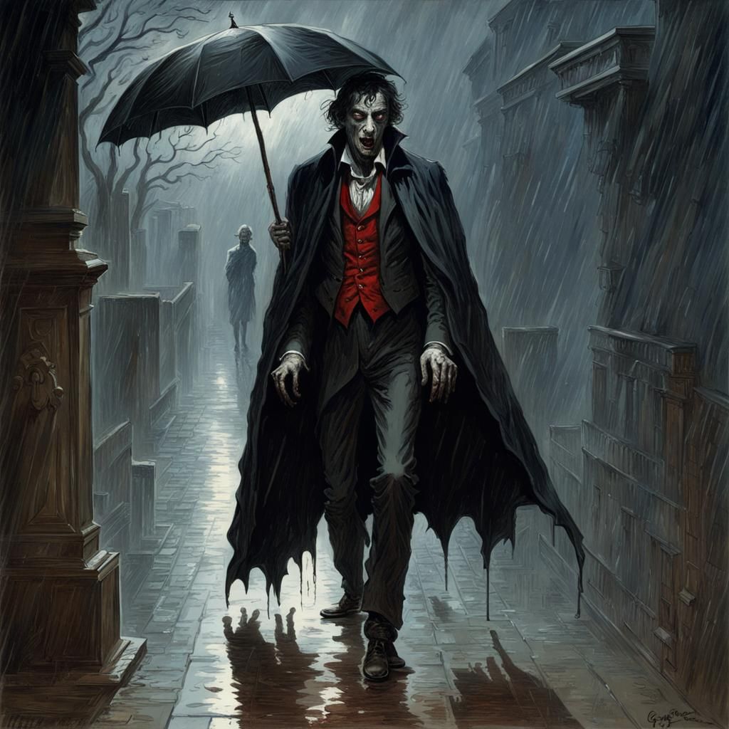 Vampire in Rain: Gothic Horror Illustration