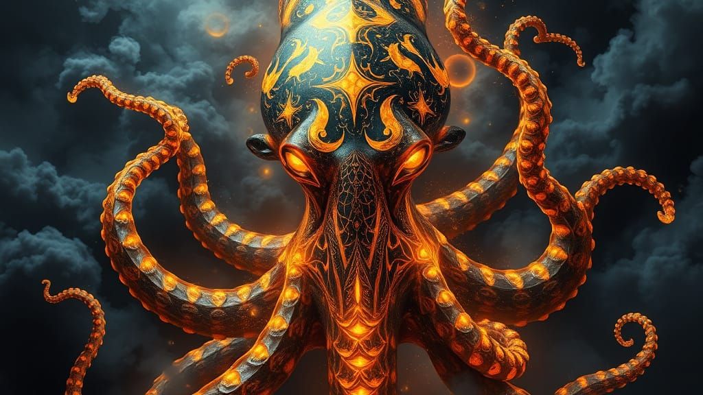 Giant Bioluminescent Squid with Fractal Tentacles