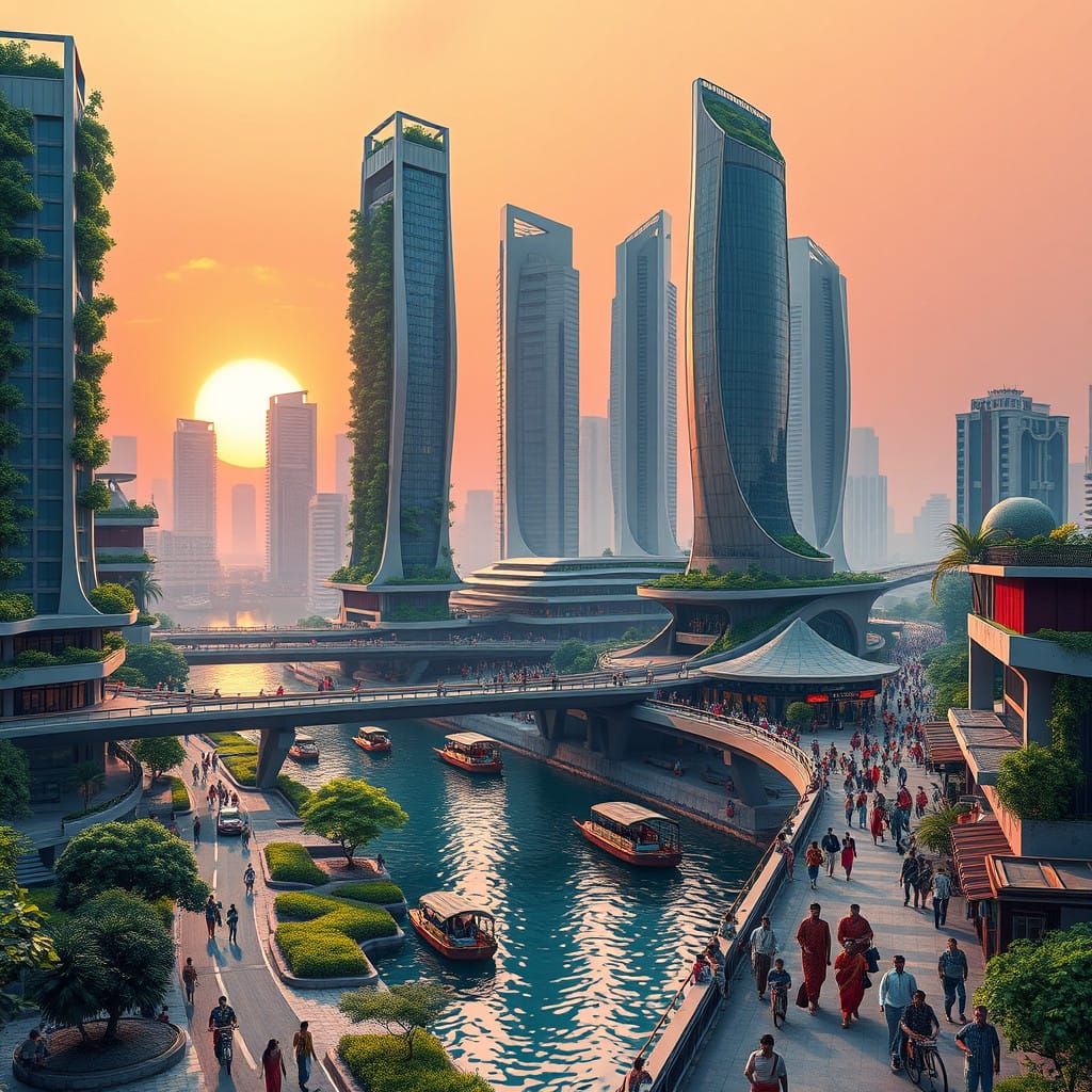 Futuristic Dhaka Cityscape in 2100 with Sustainable Architec...