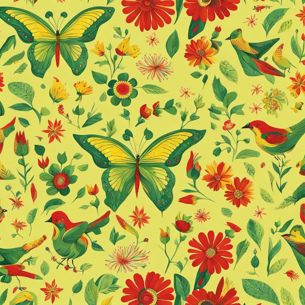 Butterfly, Flowers, and Birds Pattern in Vivid Colors