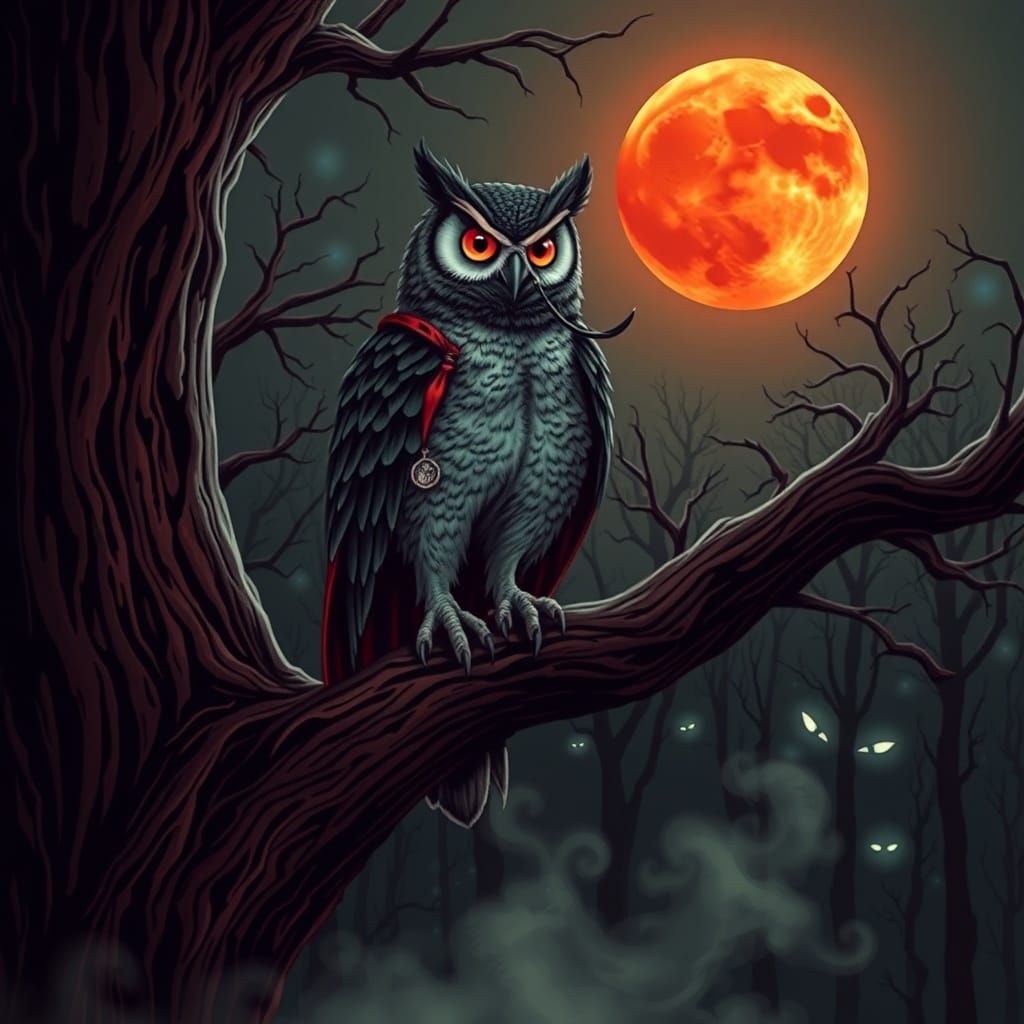 Gothic Vampire Owl on Blood Moon