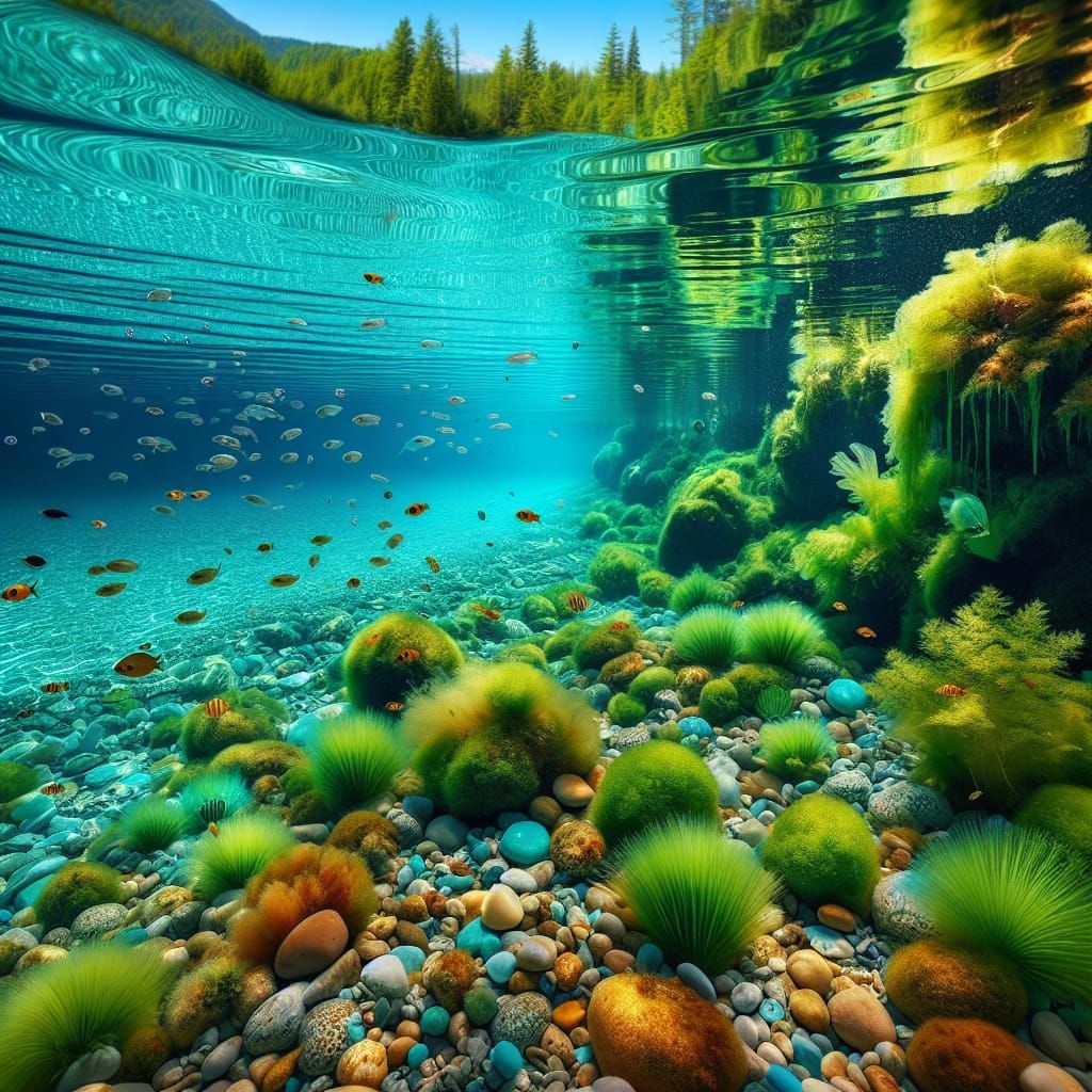Underwater Lake Scene with Fish and Pebbles