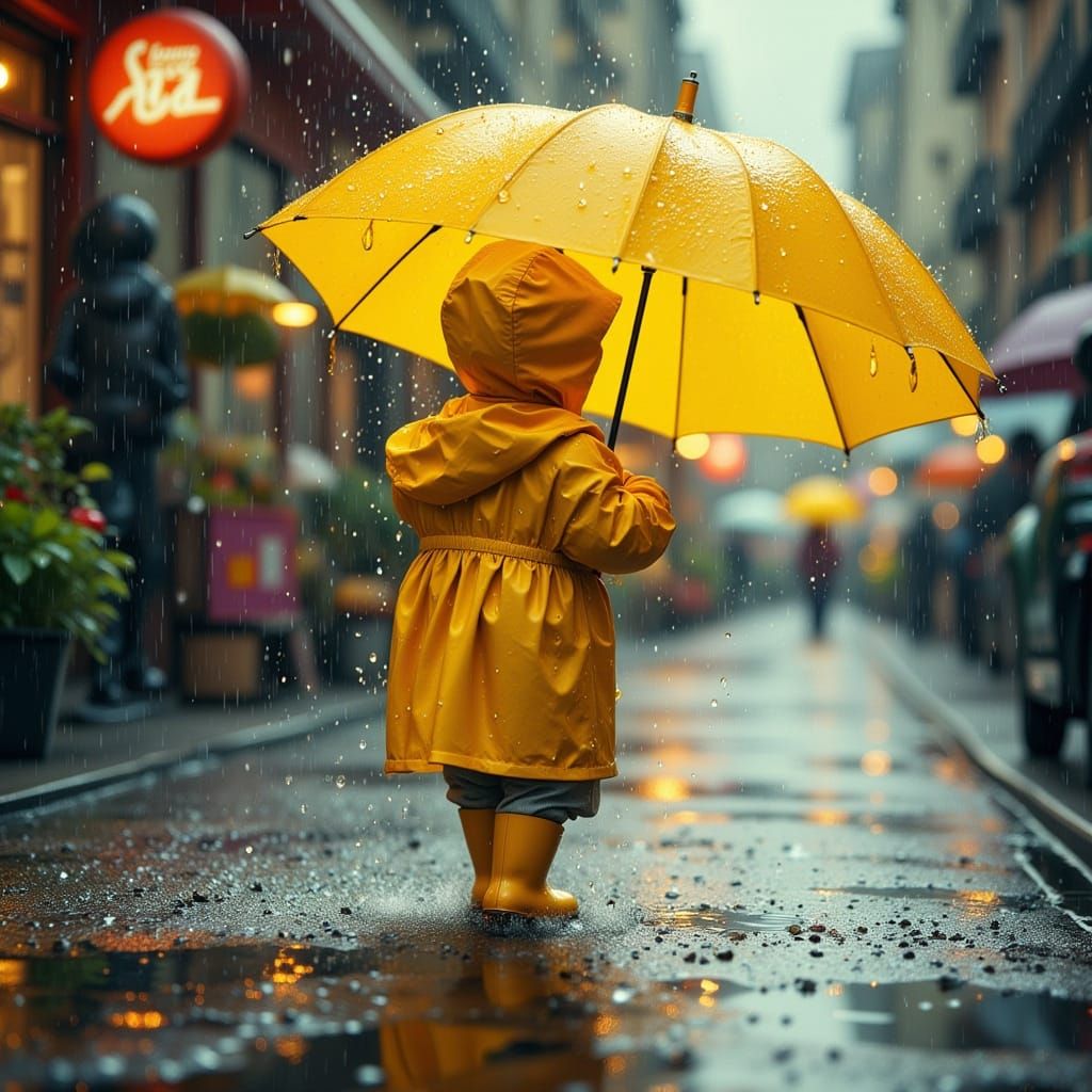 Child in Yellow Raincoat Walking in Torrential Rain