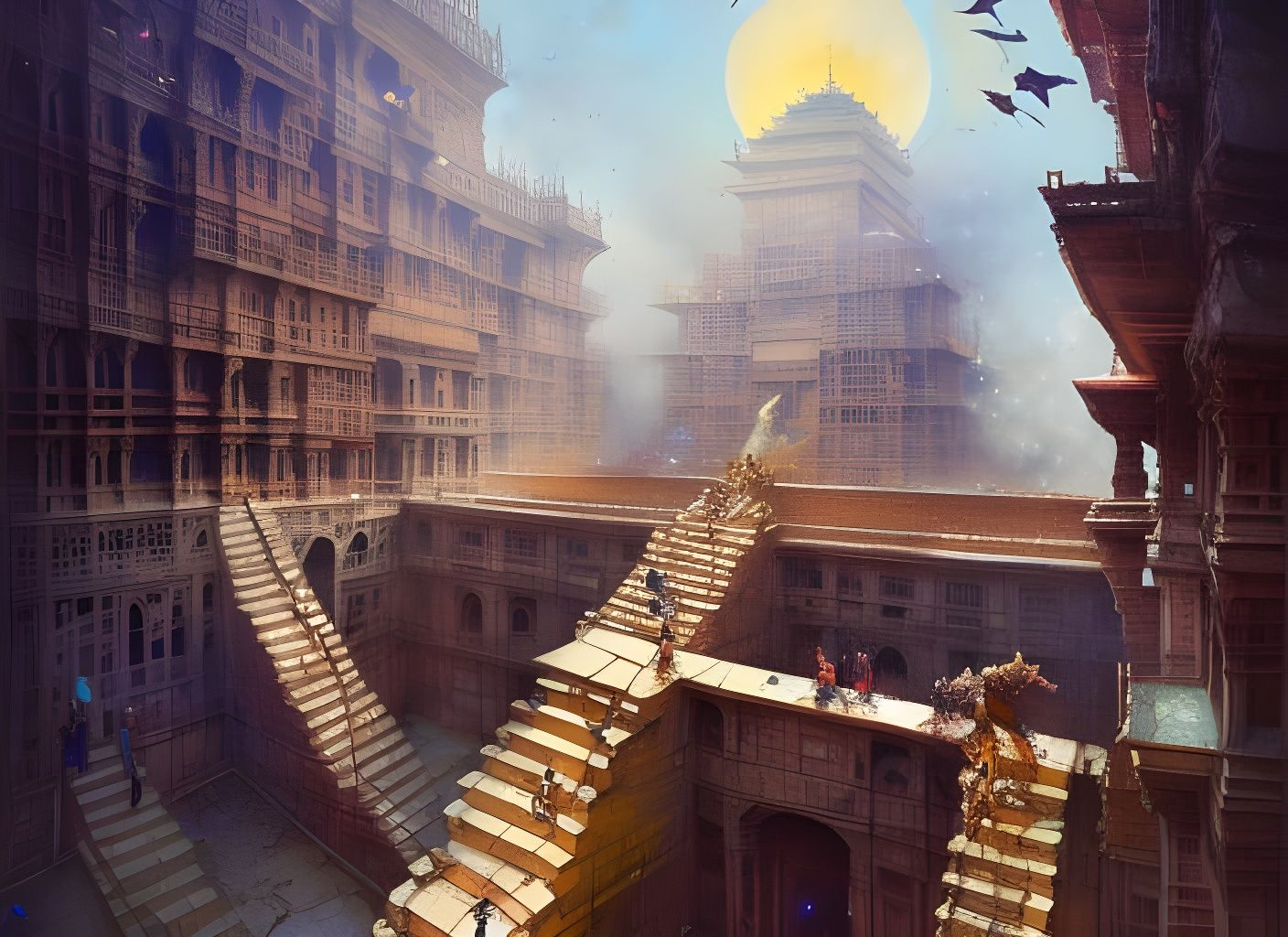Chand Baori: Hyperdetailed Digital Art in Golden Hour