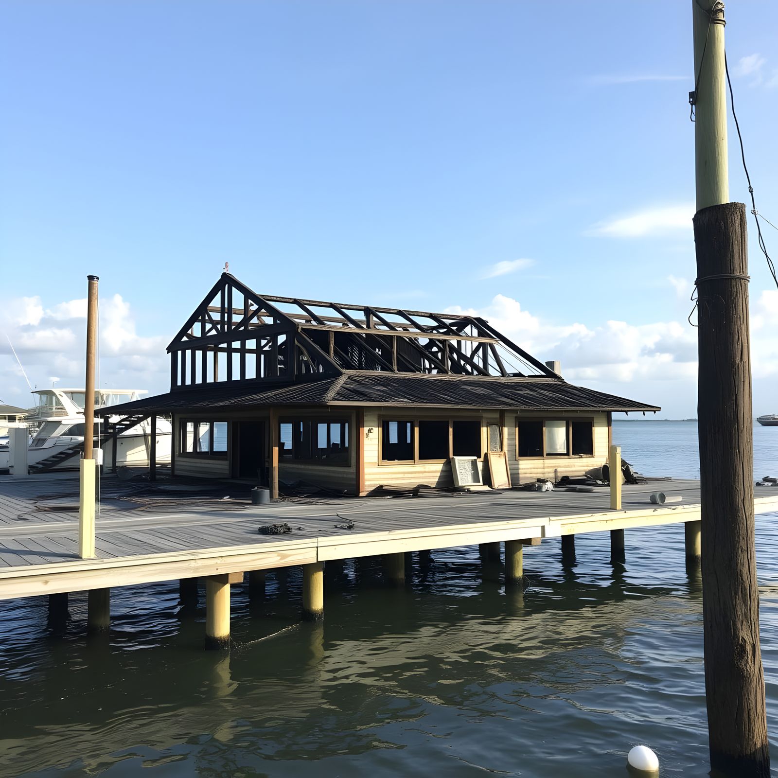 The charred remains of  restaurant on the pier at Cedar Key ...
