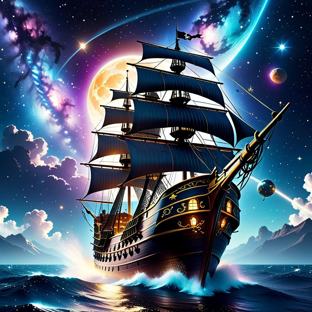 Pirate Ship Voyages Through Outer Space in Storybook Style