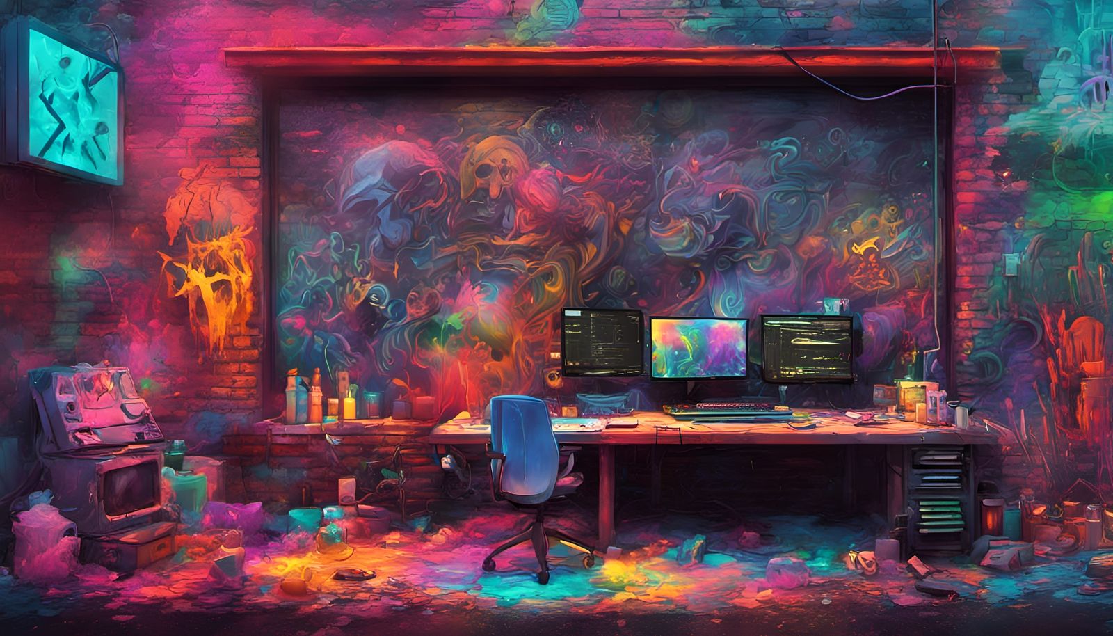 Neon Lit Streaming PC Setup in Graffiti Art Style