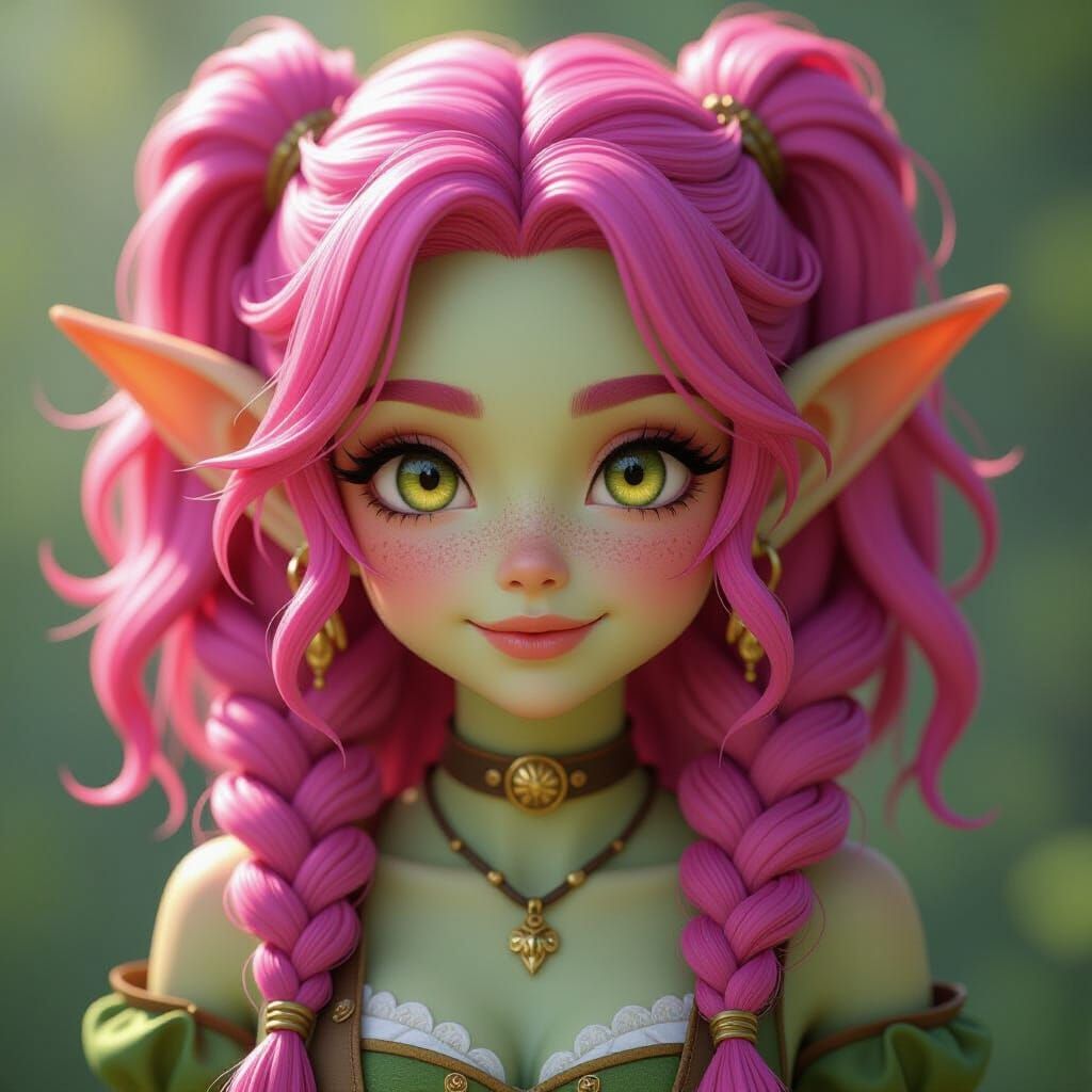 Cute Green Goblin Girl Bard with Pink Hair and Yellow Eyes