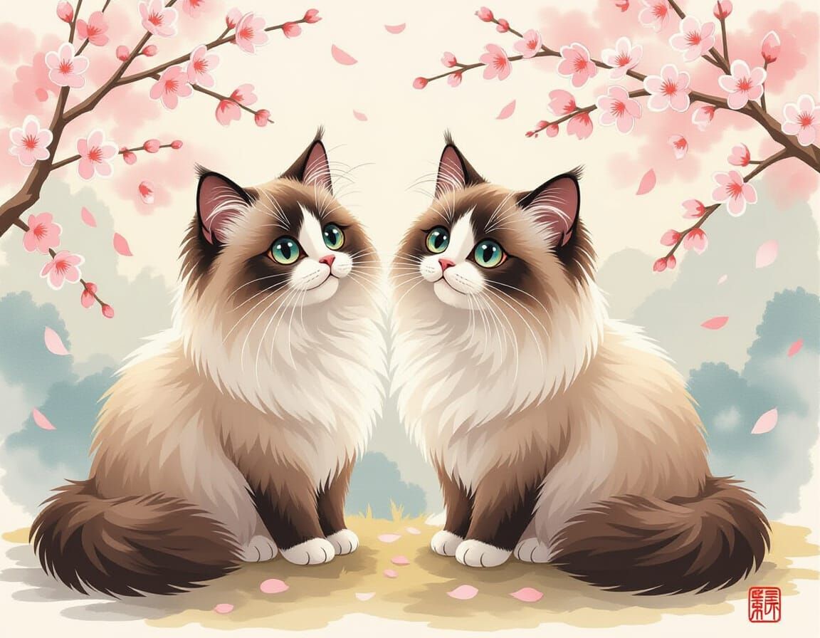 Ragdoll Cats Touching Tails in Ghibli Style