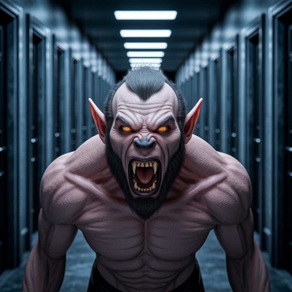 Cyberpunk Nightmare Demon Hybrid Roars in Dark Hallway