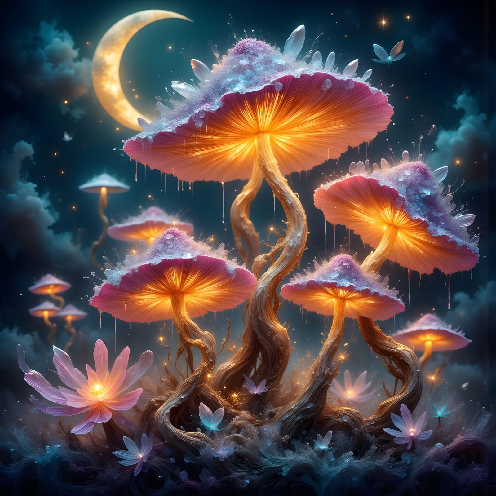 Ethereal Magic: Glowing Space Mushrooms in Impasto