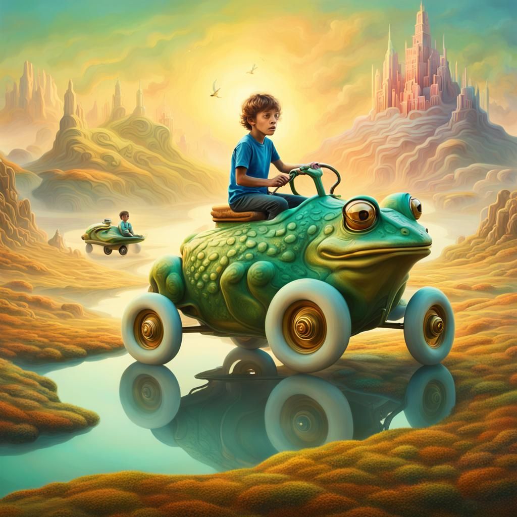 Surreal Boy Rides Frog Car in Dream Landscape