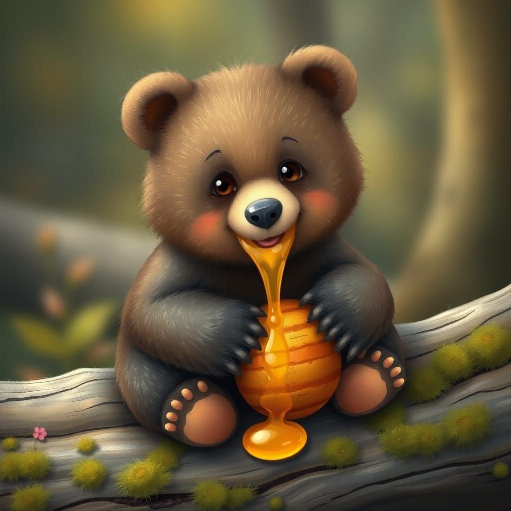 Adorable Bear Cub Enjoys Honeycomb in Whimsical Style