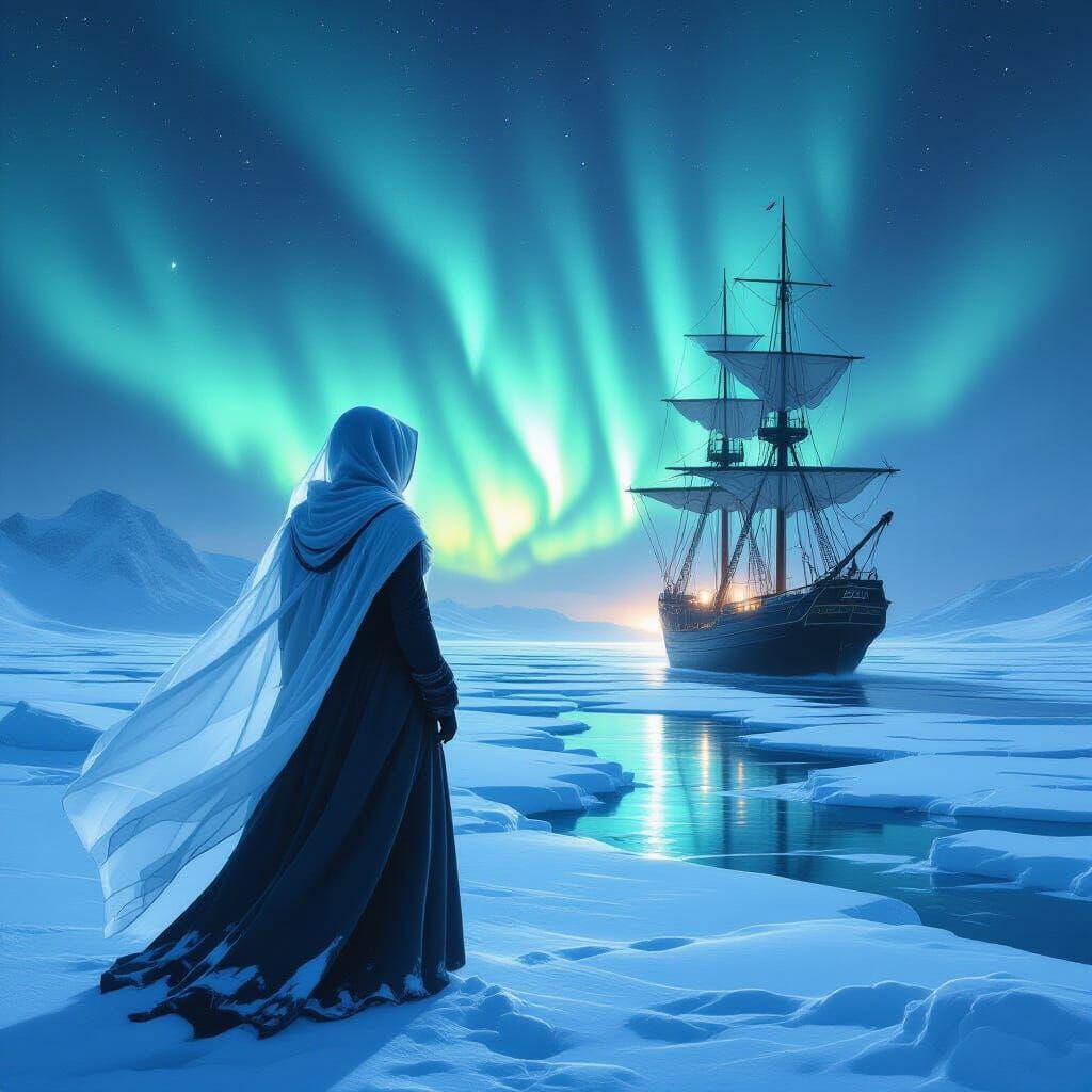 Ghostly Woman on Polar Icefield with Whaling Ship