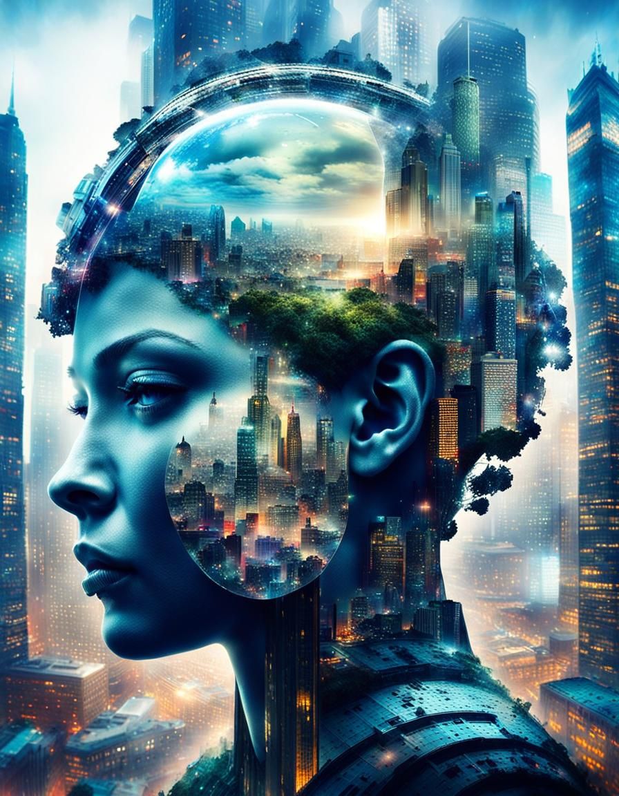 Cyberpunk Double Exposure Woman and Cityscape