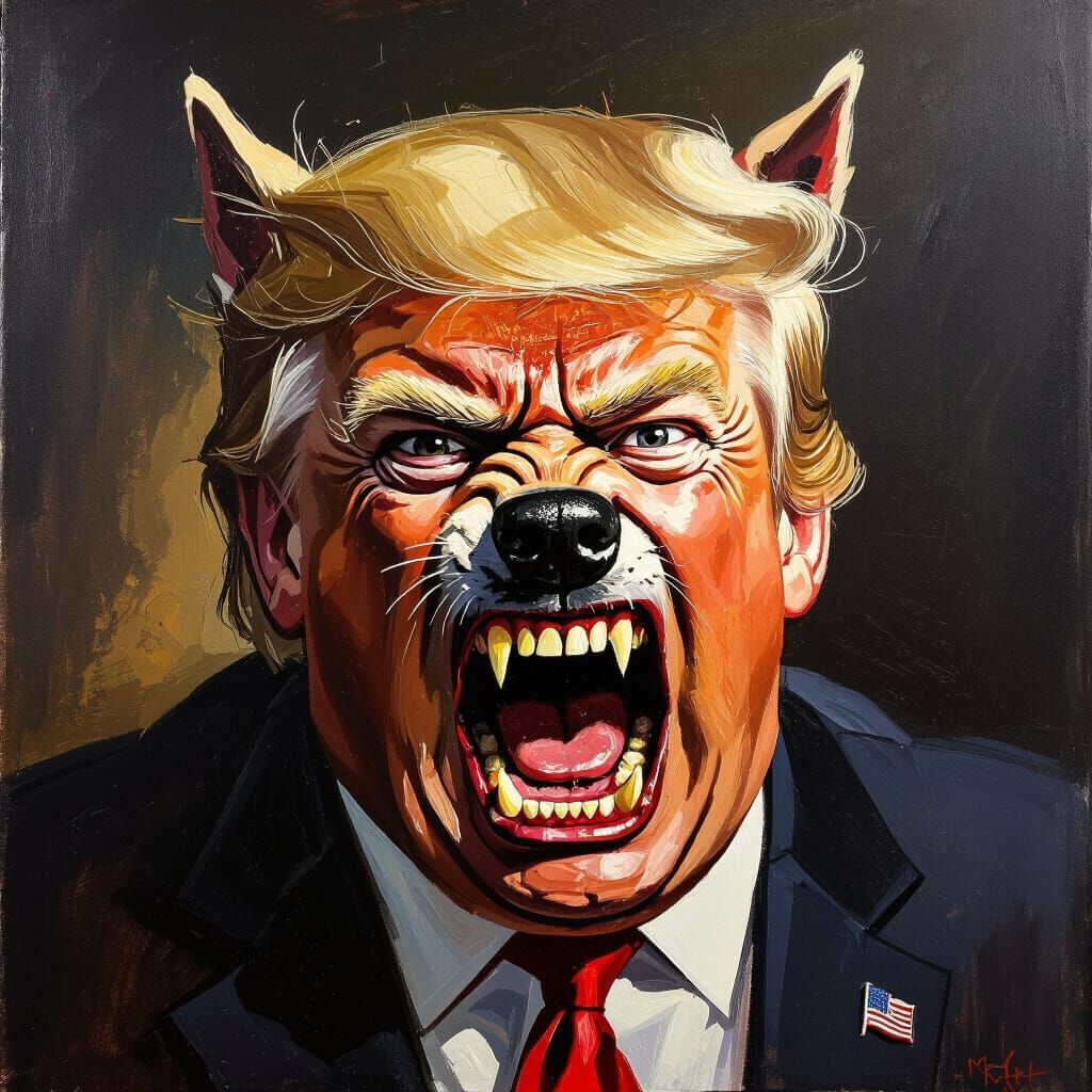 Donald Trump looking like a mad rabid wolf