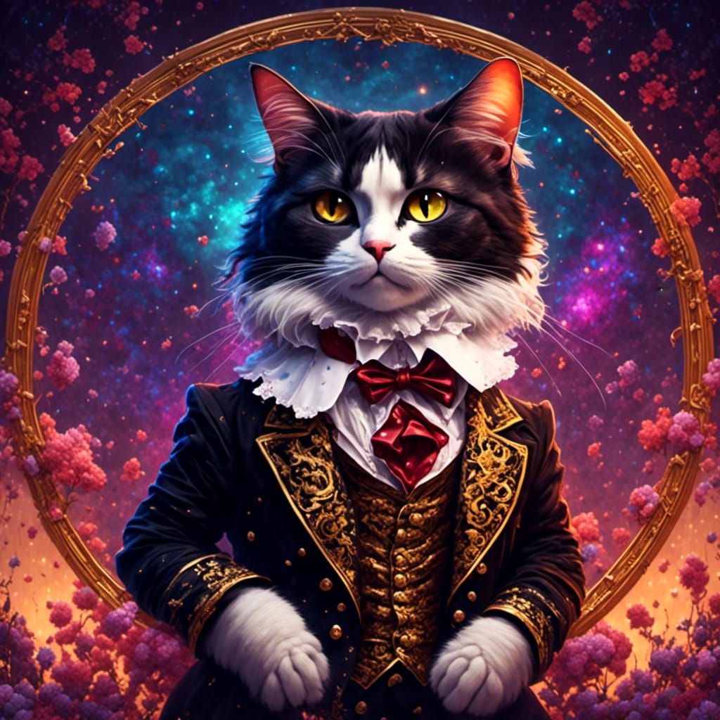 Fantastical Tuxedo Cat Portrait in Detailed Style