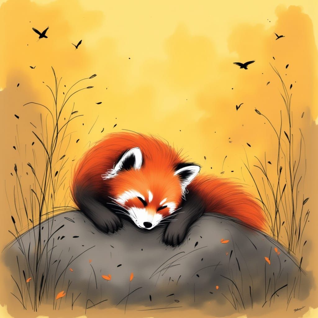 Red Panda Basking in Sunlight, Cartoony Minimalist Style