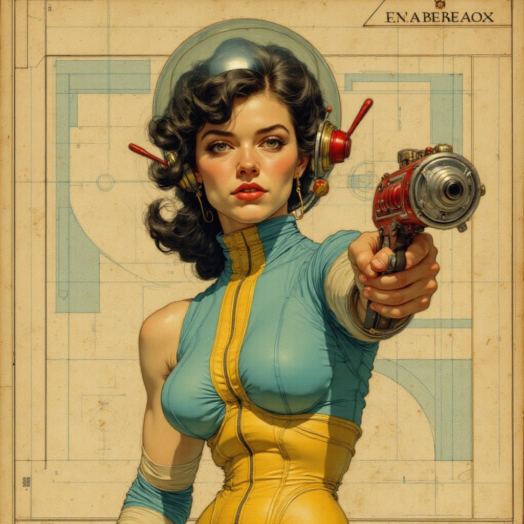 Retro-Futuristic Woman in Space Suit Holding Ray Gun