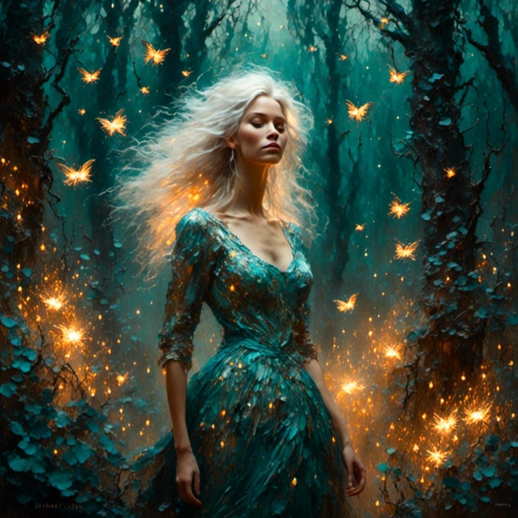 Mystical Forest Woman in Vibrant Oil Painting