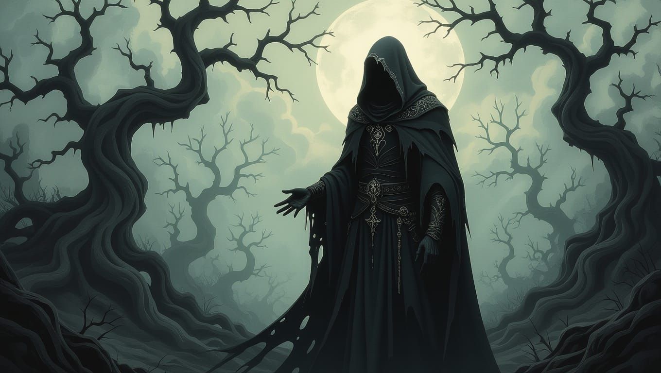 Dark Fantasy Scene in Muted Colors and Eerie Lighting