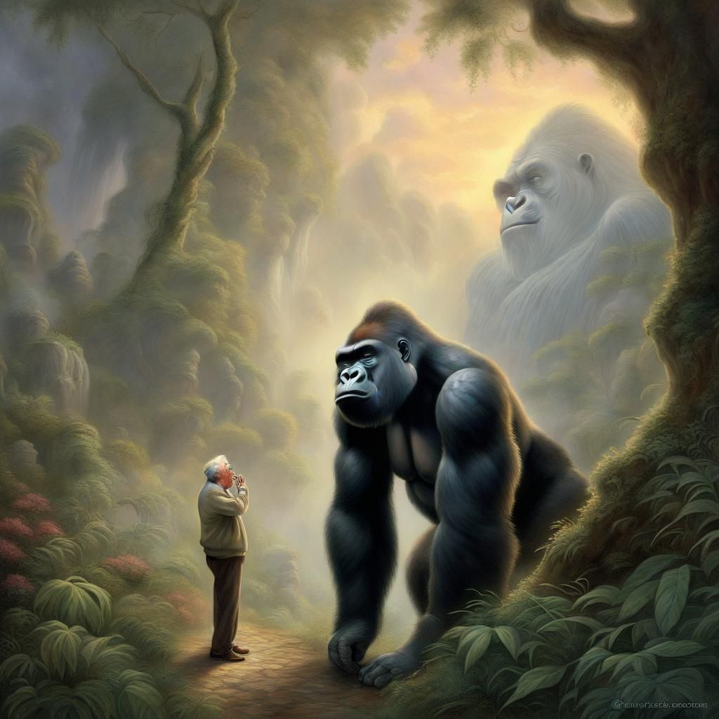 Old Man Shares Secret with Gorilla in Ethereal Style