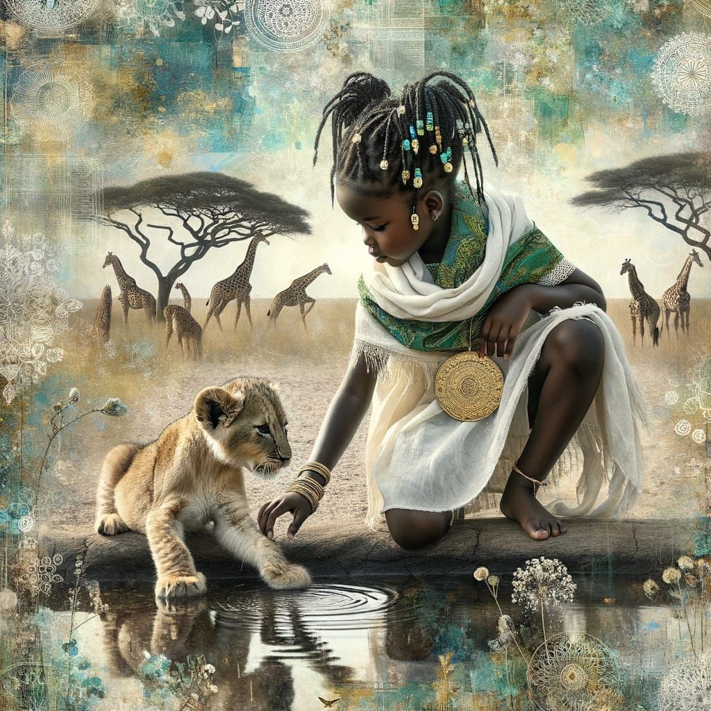 African Girl Plays with Baby Lion in Serene Savannah Scene