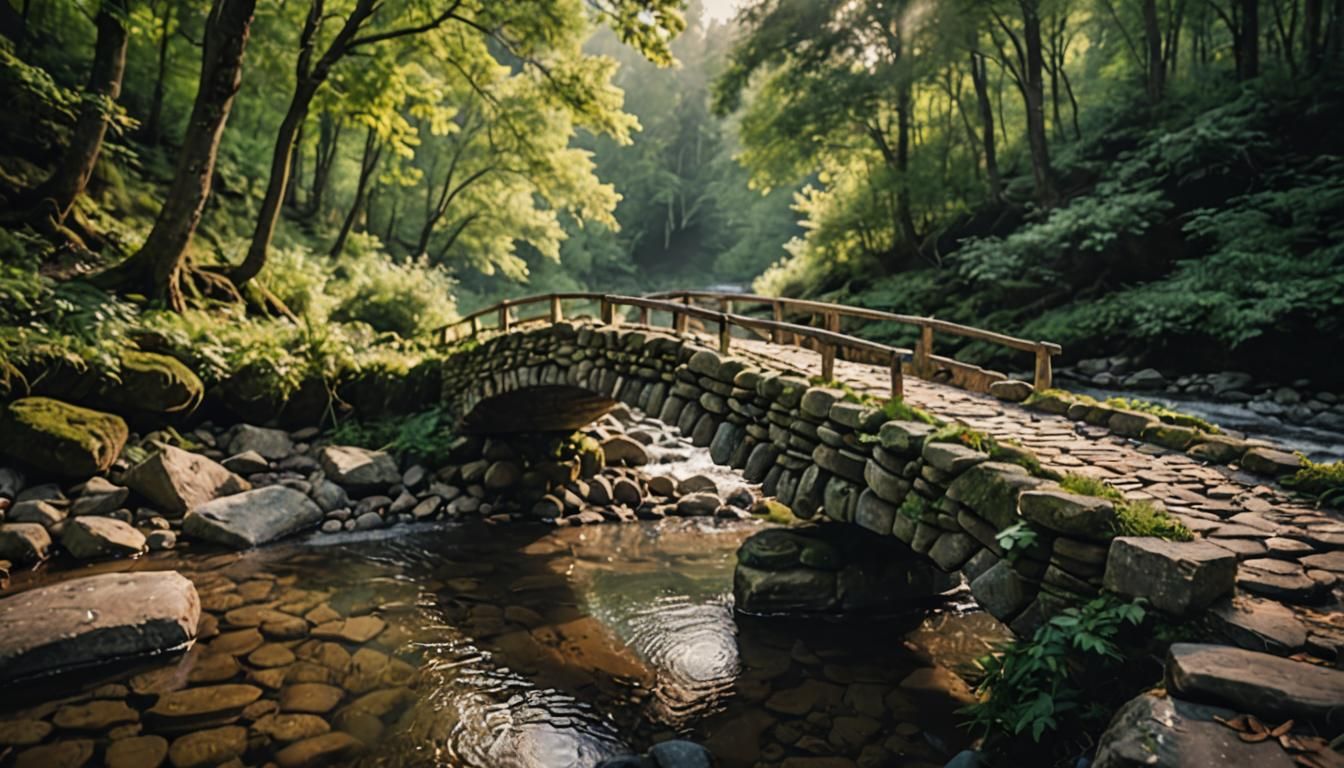 Rustic Stone Bridge Over Roaring River