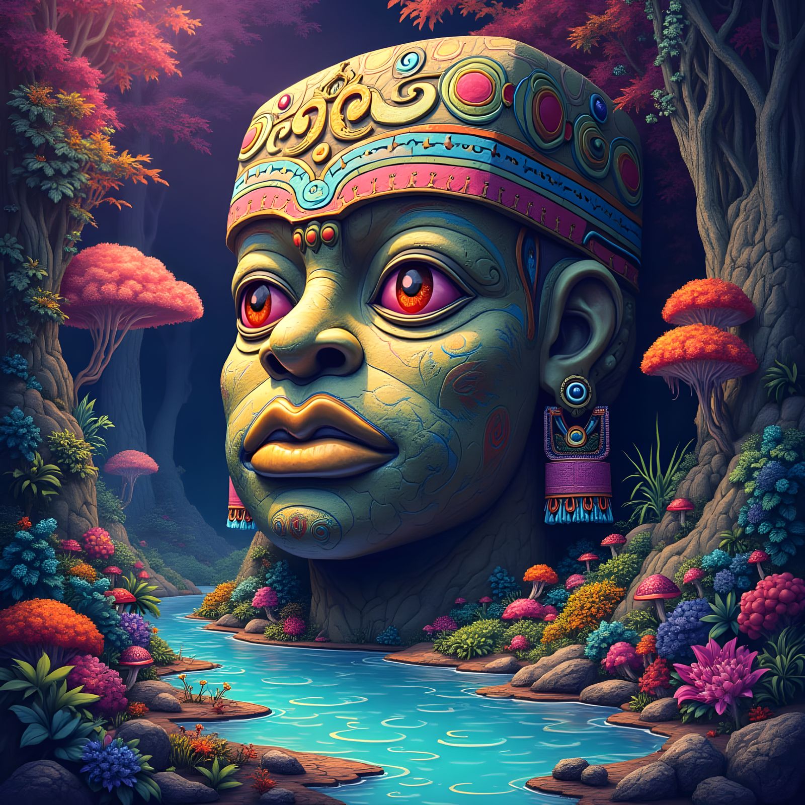 Giant Olmec Head in Vibrant, Dreamlike Jungle