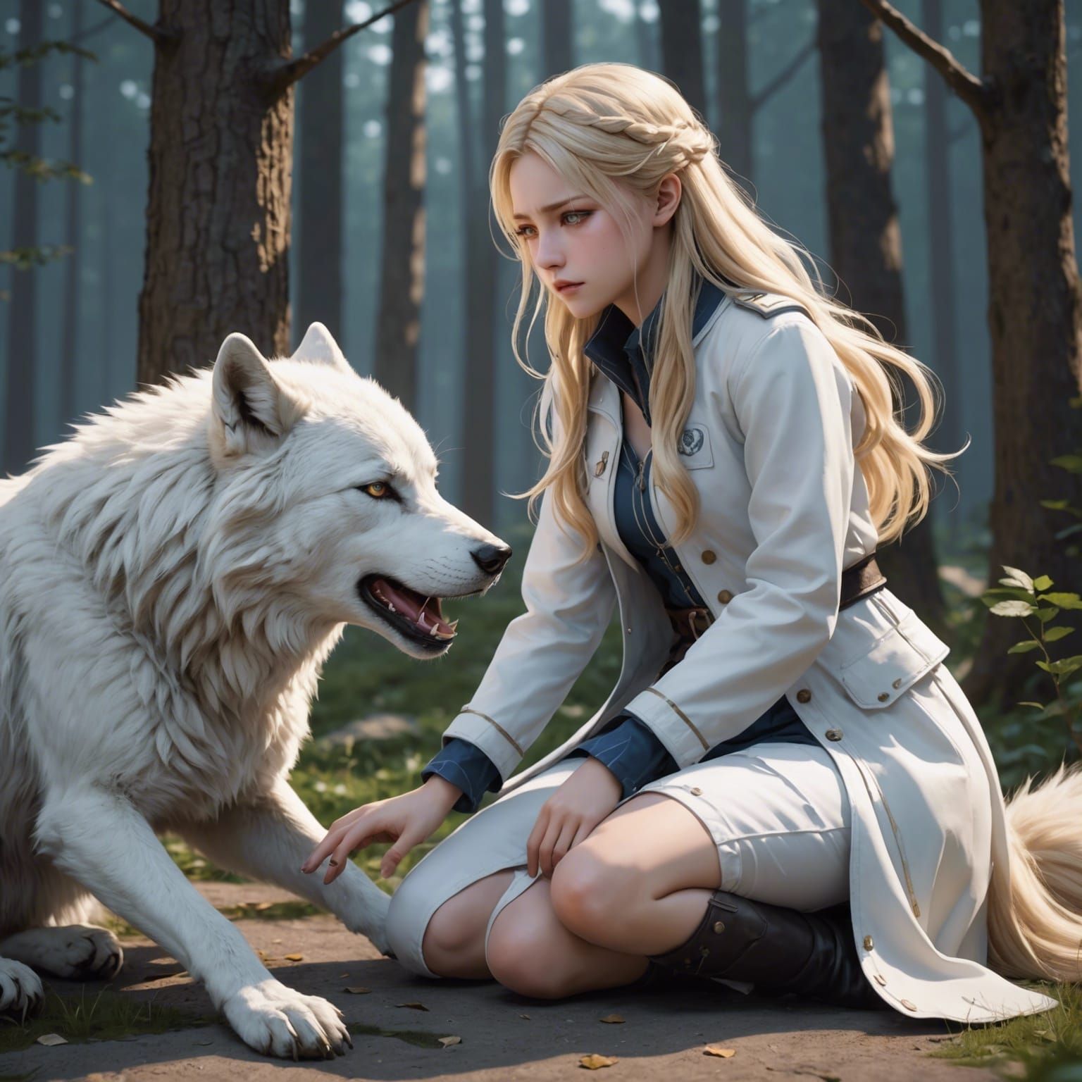 Anime Girl Calming White Wolf with Hurt Paw