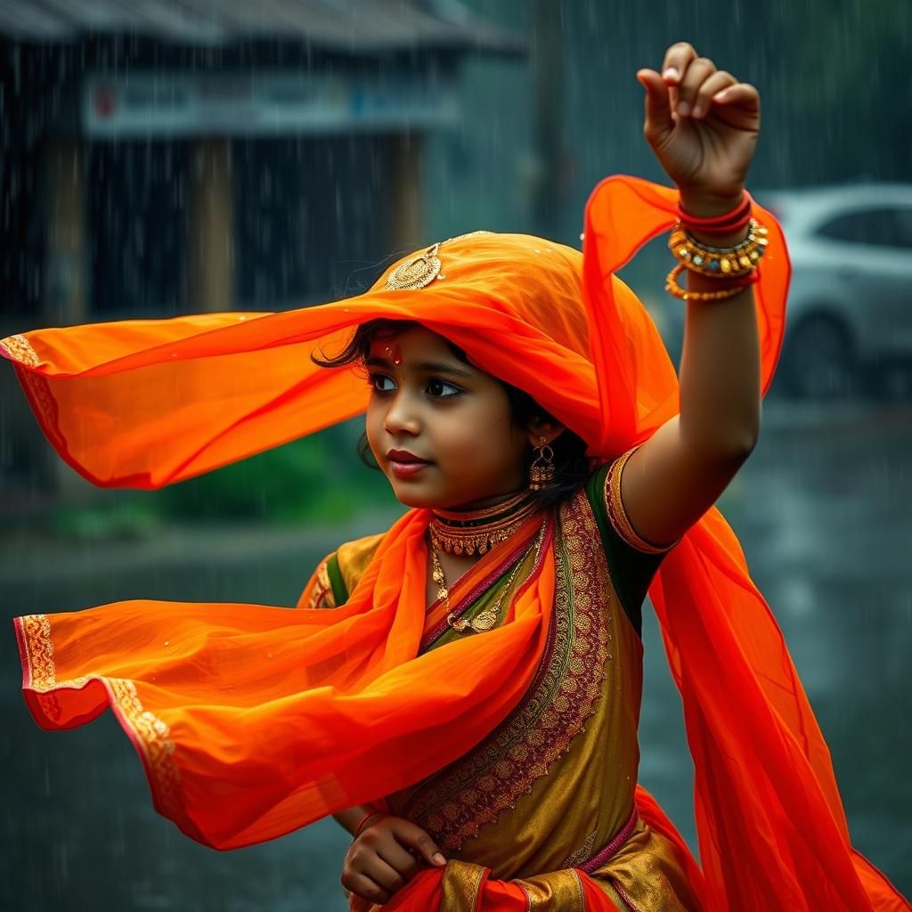 Bangladeshi Girl Dancing in Rain, Hyperrealistic Photography