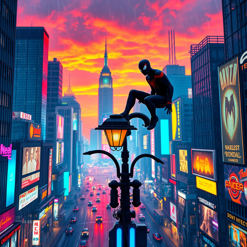 Spiderman in Neon Cityscape Concept Art