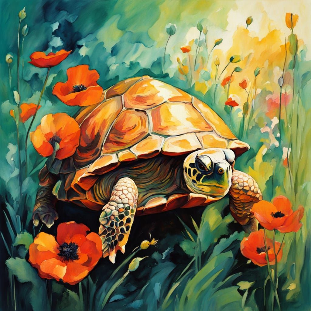 Turtle in a Poppies Shell, Impressionist Masterpiece