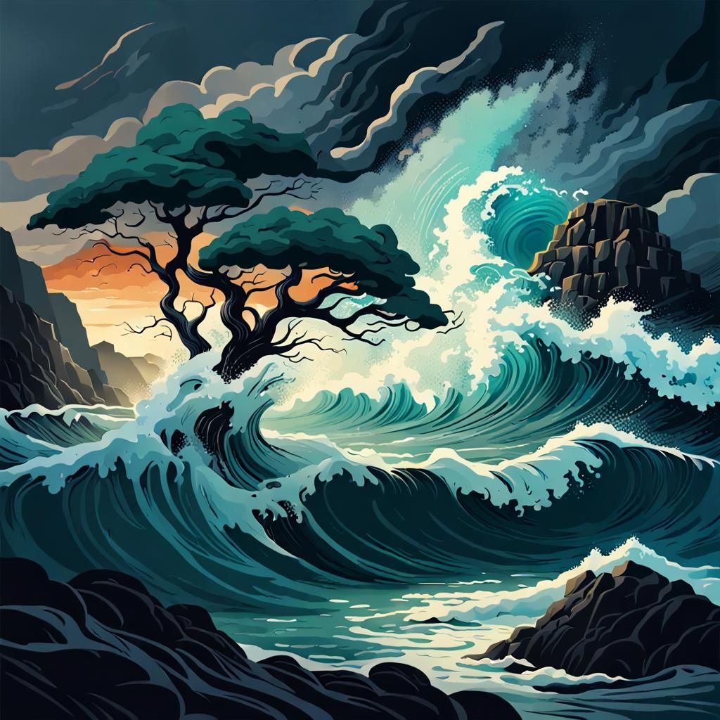 rough sea during a storm, with huge waves crashing against the rocks, but the tree on the flooded island resists the vio...