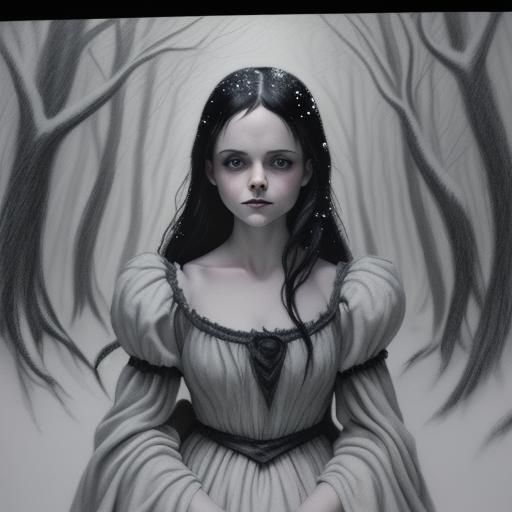Snow White in Dark Forest, Charcoal Drawing