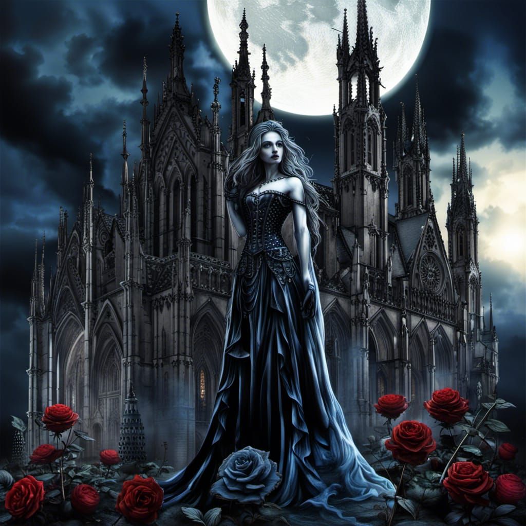Gothic City with Roses in Tim Burton Style